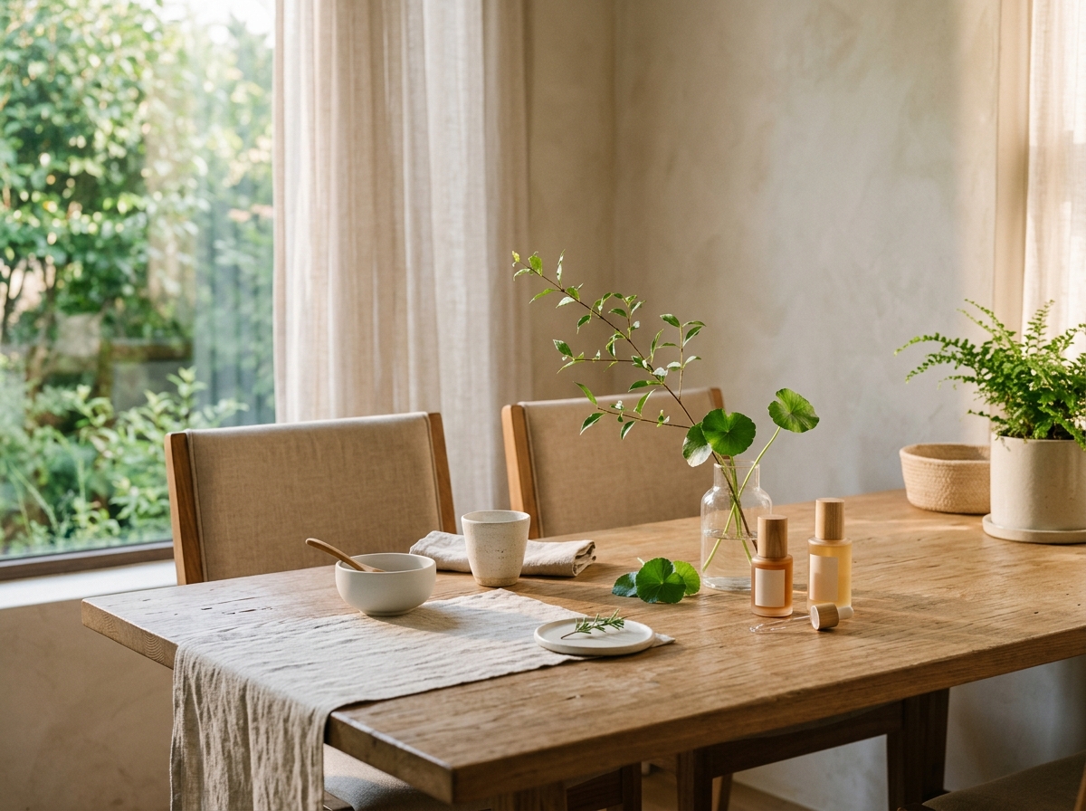 eunha consultation table with fresh cica and botanicals
